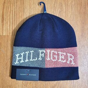 Tommy Hilfiger Navy Flag Beanie Hat Unisex Red White New Knit One Size Fleece